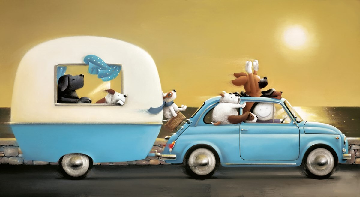 Dough Hyde the great escape. Image of pets in a car and caravan leaving at speed