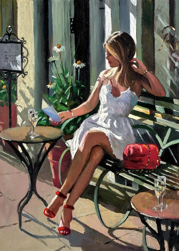 Sherree Valentine-Daines painting Al fresco of a woman in a white summer dress sat outside a cafe