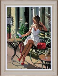 Sherree Valentine-Daines painting Al fresco of a woman in a white summer dress sat outside a cafe in a cream frame