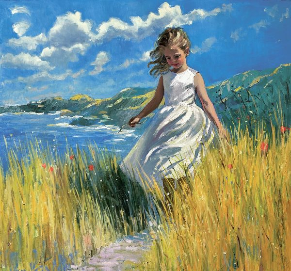 A coastal stroll a painting by Sherree Valentine-Daines showing a young girls in a white dress walking in the long grass at teh top of a cliff with sea views behind