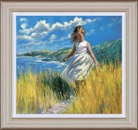 A coastal stroll a painting by Sherree Valentine-Daines showing a young girls in a white dress walking in the long grass at teh top of a cliff with sea views behind her in a cream frame