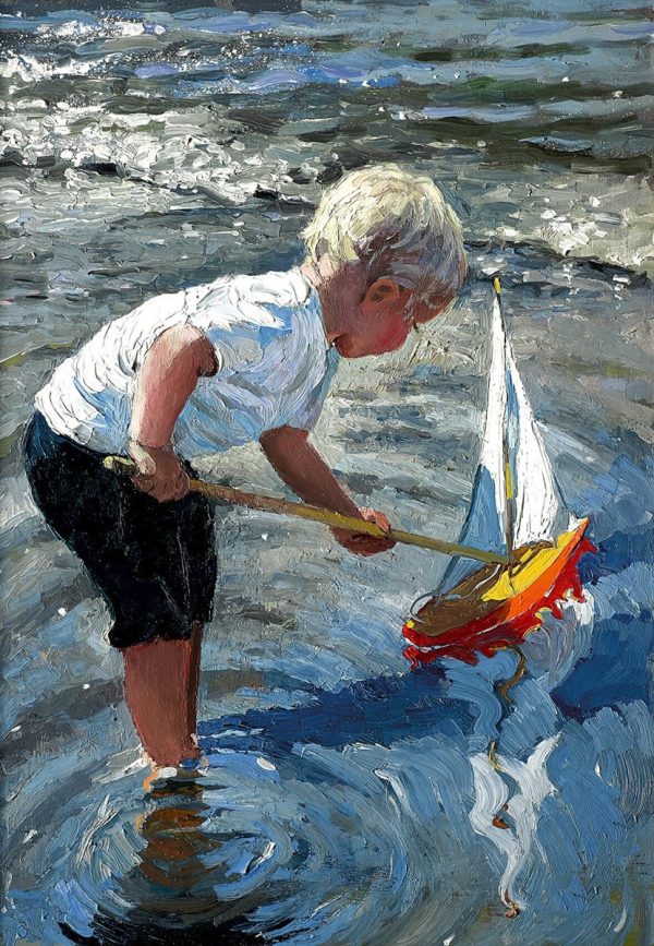 White sails a painting by Sherree Valentine-Daines showing a young boy playing with a toy sailing boat with a white sail in some water