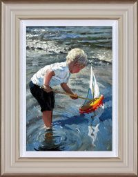 White sails a painting by Sherree Valentine-Daines showing a young boy playing with a toy sailing boat with a white sail in some water