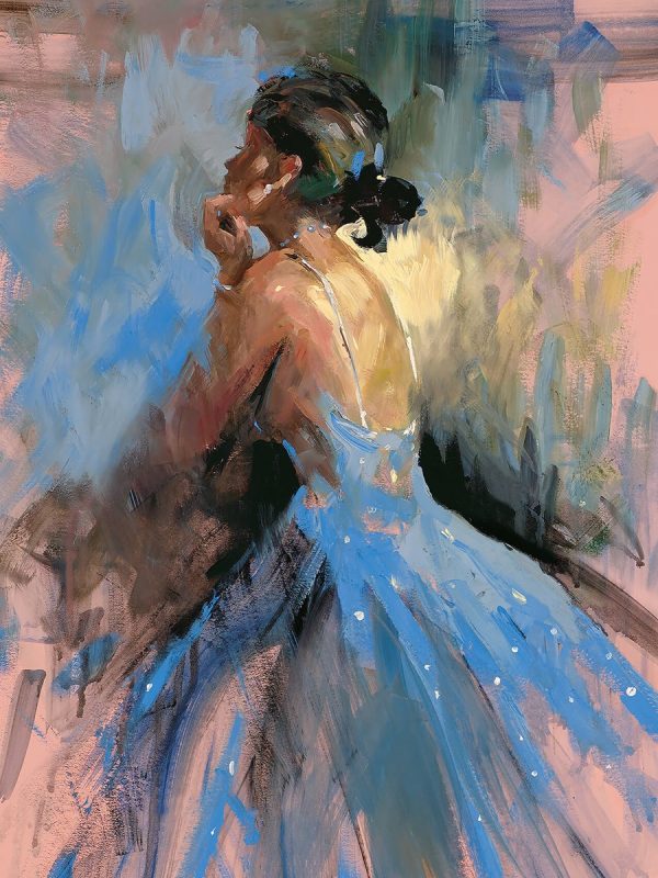 Rhapsody in blue by Sherree Valentine Daines. Painting of a girl in a blue dress.