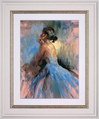 Rhapsody in blue by Sherree Valentine Daines. Painting of a girl in a blue dress. white and gold frame.