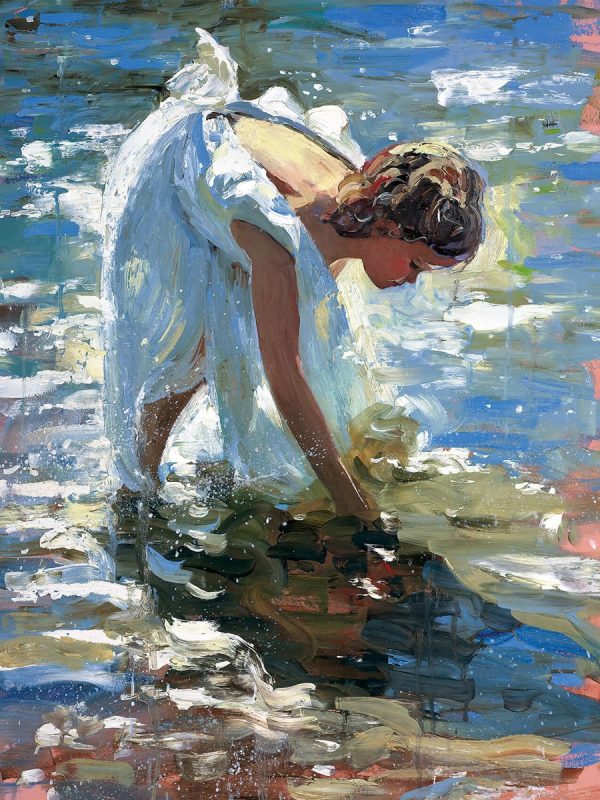 Adventures by the sea by Sherree ValentineDaines. A painting of a girl in shallow seawate