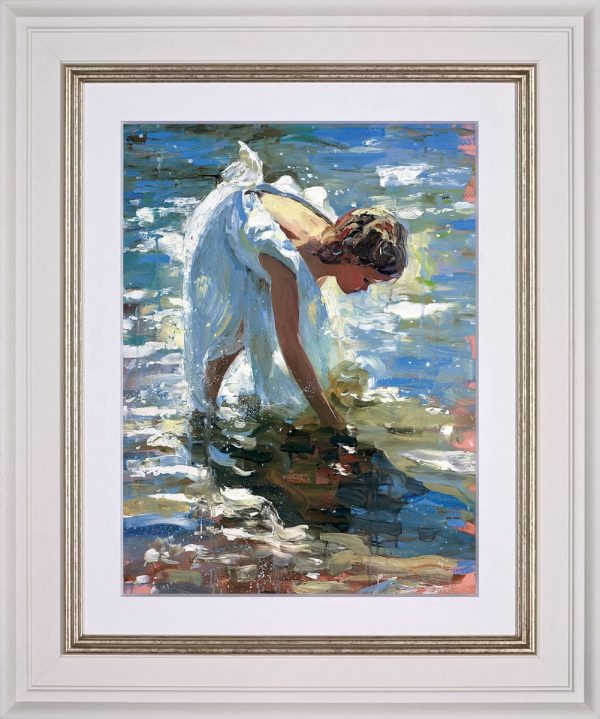 Adventures by the sea by Sherree ValentineDaines. A painting of a girl in shallow seawater in a white frame