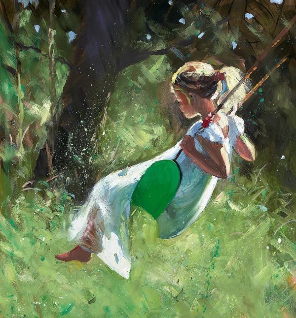 Carefree summer days by Sherree Valentine daines. A painting of a girl on a swing in a wood.