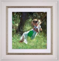 Carefree summer days by Sherree Valentine daines. A painting of a girl on a swing in a wood. in a cream frame