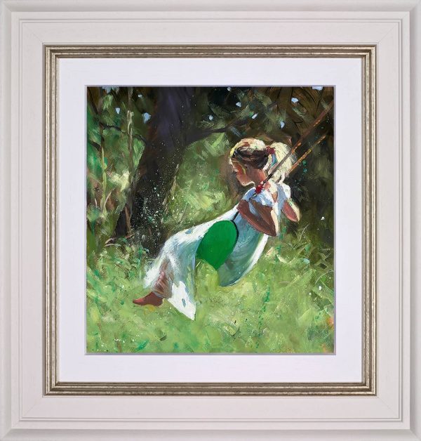 Carefree summer days by Sherree Valentine daines. A painting of a girl on a swing in a wood. in a cream frame