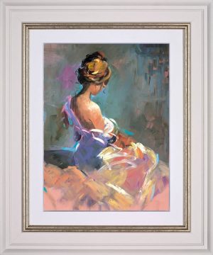 Etheral Beauty by sherree Valentine Daines. Painting of a woman in a pink and puruple dress, while and gold frame.