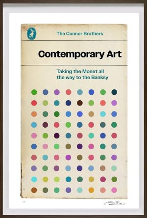 Contemporary Art by the Connor Brothers. Styled on a penguin book cover, white background rows of multi coloured dots in a black frame