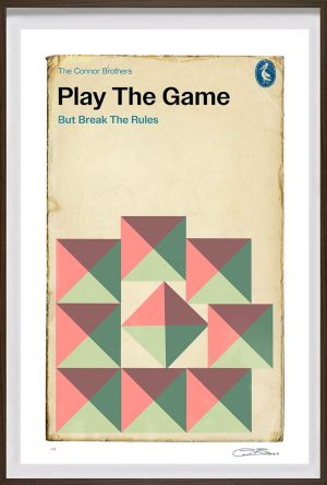 Play the game by the Connor Brothers. Styled on a penguin book cover, cream background with squares made up of triangles in red, pink, green and blue in a dark frame