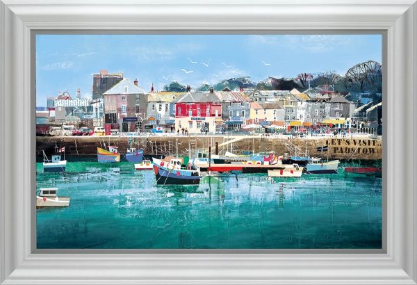 Quay to Happiness a painting by Tom Butler of boats moored in a quay in a white frame