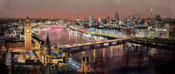 Glowing places a painting by Tom Butler. a night time city scape of the surrounding city/river around Big Ben