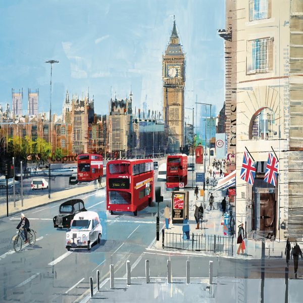 Happy Chimes a painting by Tom Butler a view of Big Ben from down the street with A red double decker bus in the foreground