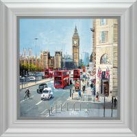 Happy Chimes a painting by Tom Butler a view of Big Ben from down the street with A red double decker bus in the foreground in a white frame