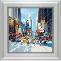 Happy Times a painting by Tom Butler a view a New York street in the day time in a white frame