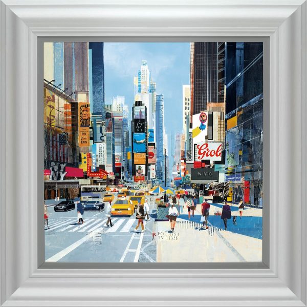 Happy Times a painting by Tom Butler a view a New York street in the day time in a white frame