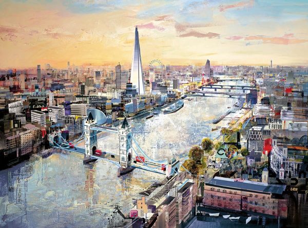 Twilight Thames a painting by Tom Butler a view of the river Thames in London with the Shard and tower bridge