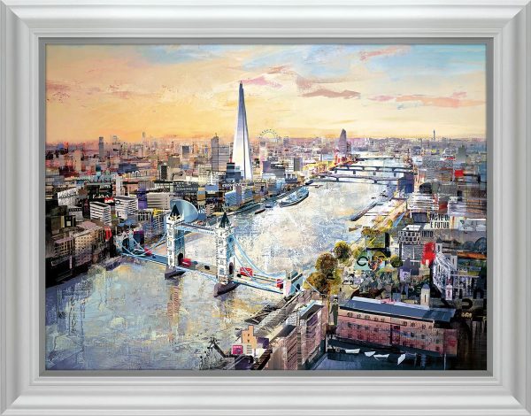 Twilight Thames a painting by Tom Butler a view of the river Thames in London with the Shard and tower bridge in a white frame