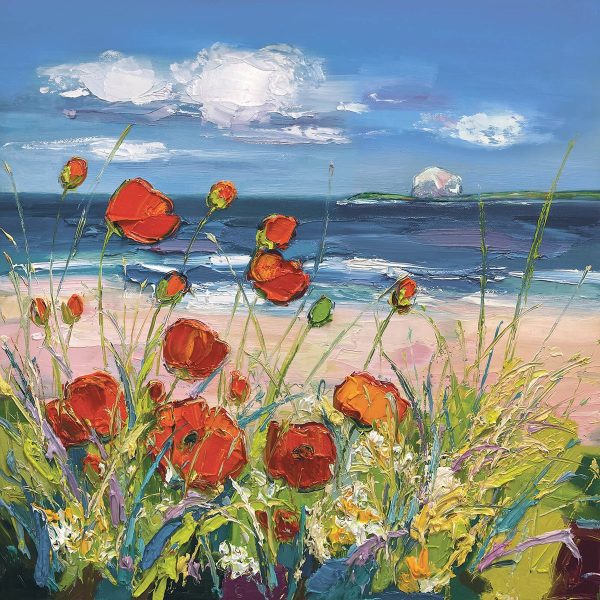 Poppies amongst sea grasses by Judith Bridgland in a cream frame