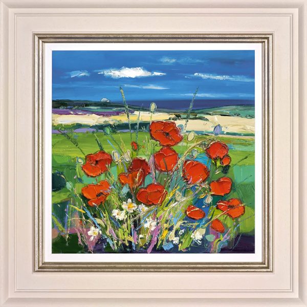 Poppies with a glimpse of the sea by Judith Bridgland in cream frame