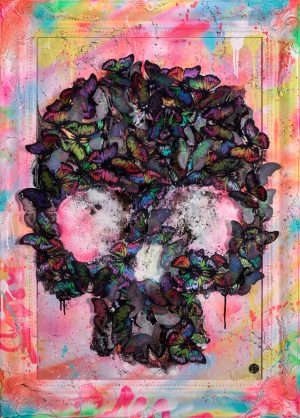 3D mixed media Butterfly Skull by Dan Pearce in graffiti frame