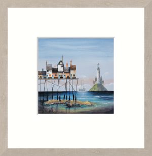 Whimsical seascape with houses on pier