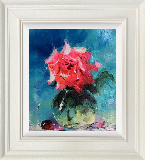 Roses in a vase blue background and framed in off-white wood frame