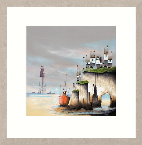 Whimsical seascape with houses on cliff