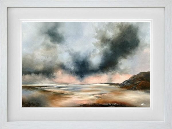 Alison Johnson Wonderful Tonight. Seascape in pinks and deep greys in an off-white frame