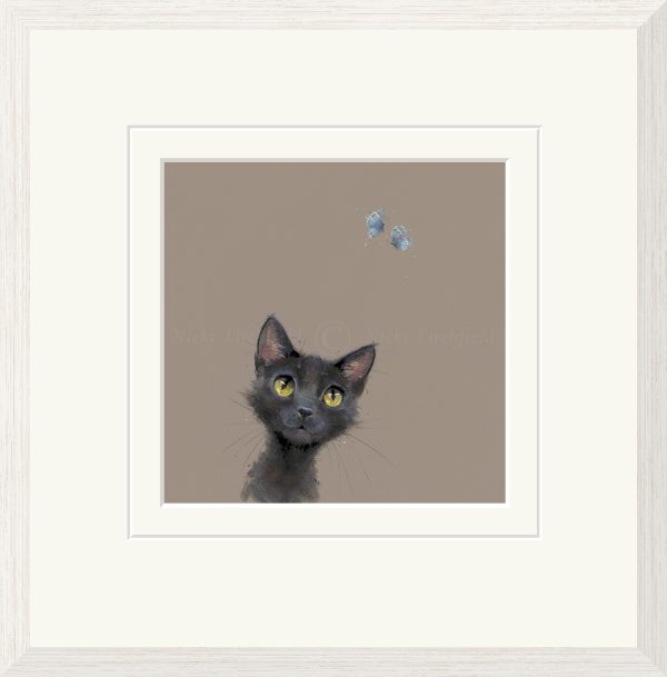 Nicky Litchfield black cat with blue butterflies on beige background