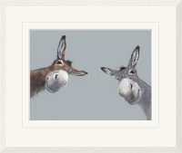 Nicky Litchfield Double Trouble - two peeping donkeys on pale grey blue background
