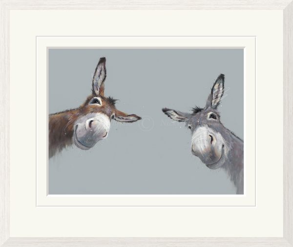 Nicky Litchfield Double Trouble - two peeping donkeys on pale grey blue background