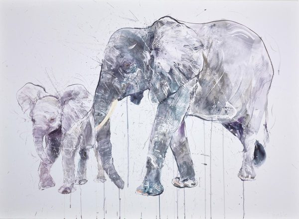Dave White elephant and calf with pale background silkscreen limited edition
