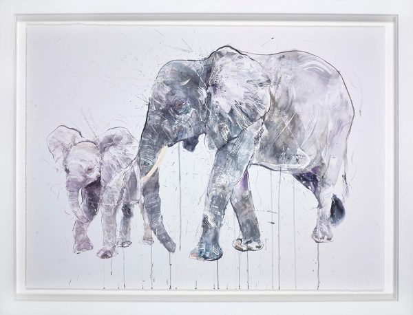 Dave White elephant and calf with pale background silkscreen limited edition