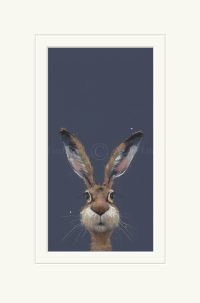 Midnight Hare Nicky Litchfield. Hare on blue background. Mounted