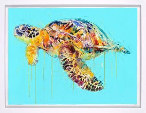 Dave White sea turtle with blue background and white wood frame silkscreen limited edition