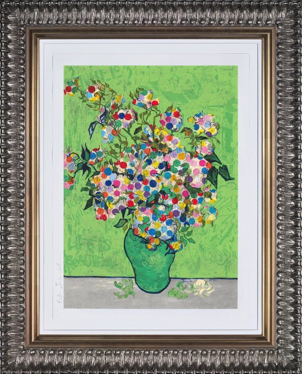 Dotted Bloom by Mr Brainwash limited edition flowers in vase with green background and gilded frame
