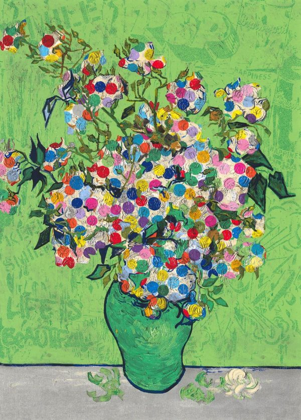 Dotted Bloom by Mr Brainwash limited edition flowers in vase with green background