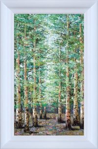 Emerald Whispers by Inam, limited edition treescape framed in white wood