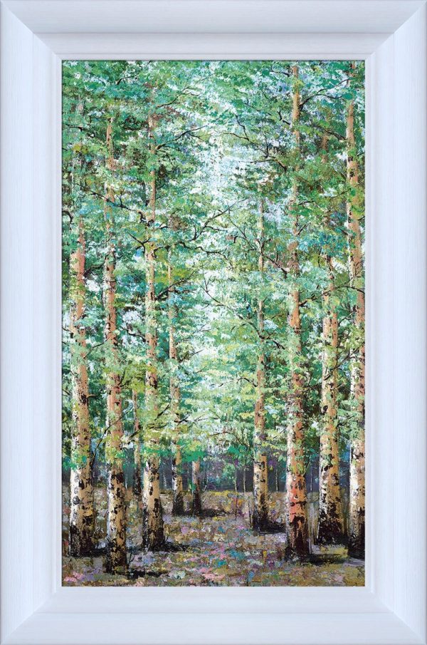 Emerald Whispers by Inam, limited edition treescape framed in white wood