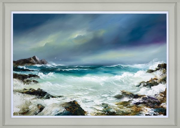 Dancing Tides by Philip Gray framed seascape in white wood grain frame
