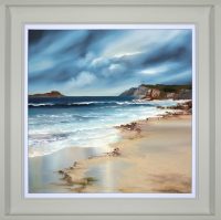 Whispering Tides by Philip Gray, seascape framed in white wood grain frame