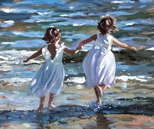 Sheree Valentine Daines Dancing in the Surf limited edition. Two girls playing by the shoreline