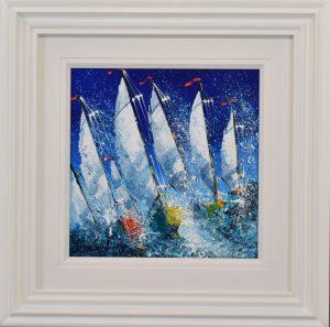 The Race is On original by Simon Wright. Boats racing in the sea