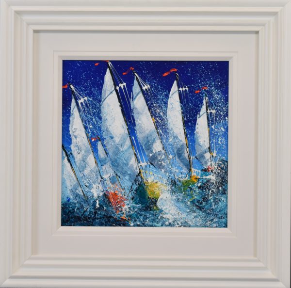The Race is On original by Simon Wright. Boats racing in the sea
