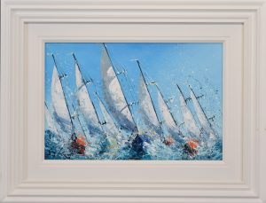 Turquoise Skies original by Simon Wright. Boats racing in the sea