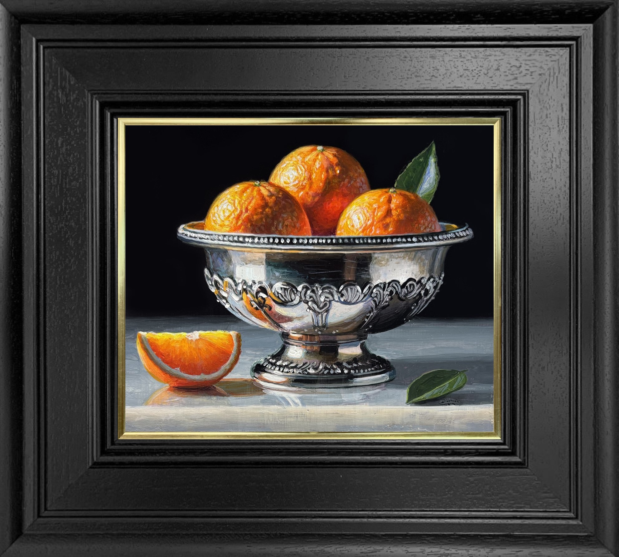 Tony Owens Oranges and Quarter Orange with Ornate Silver Bowl framed ONR0081 Tony Owens Oranges and Quarter Orange with Ornate Silver Bowl framed ONR0081